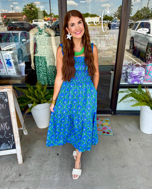 Sera Floral Smocked Midi Dress: Green/Blue