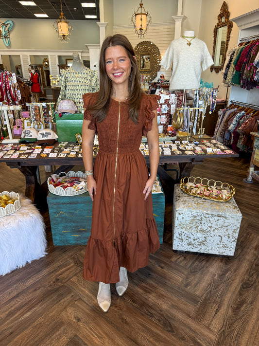 Mia Zip Midi Dress: Caramel
