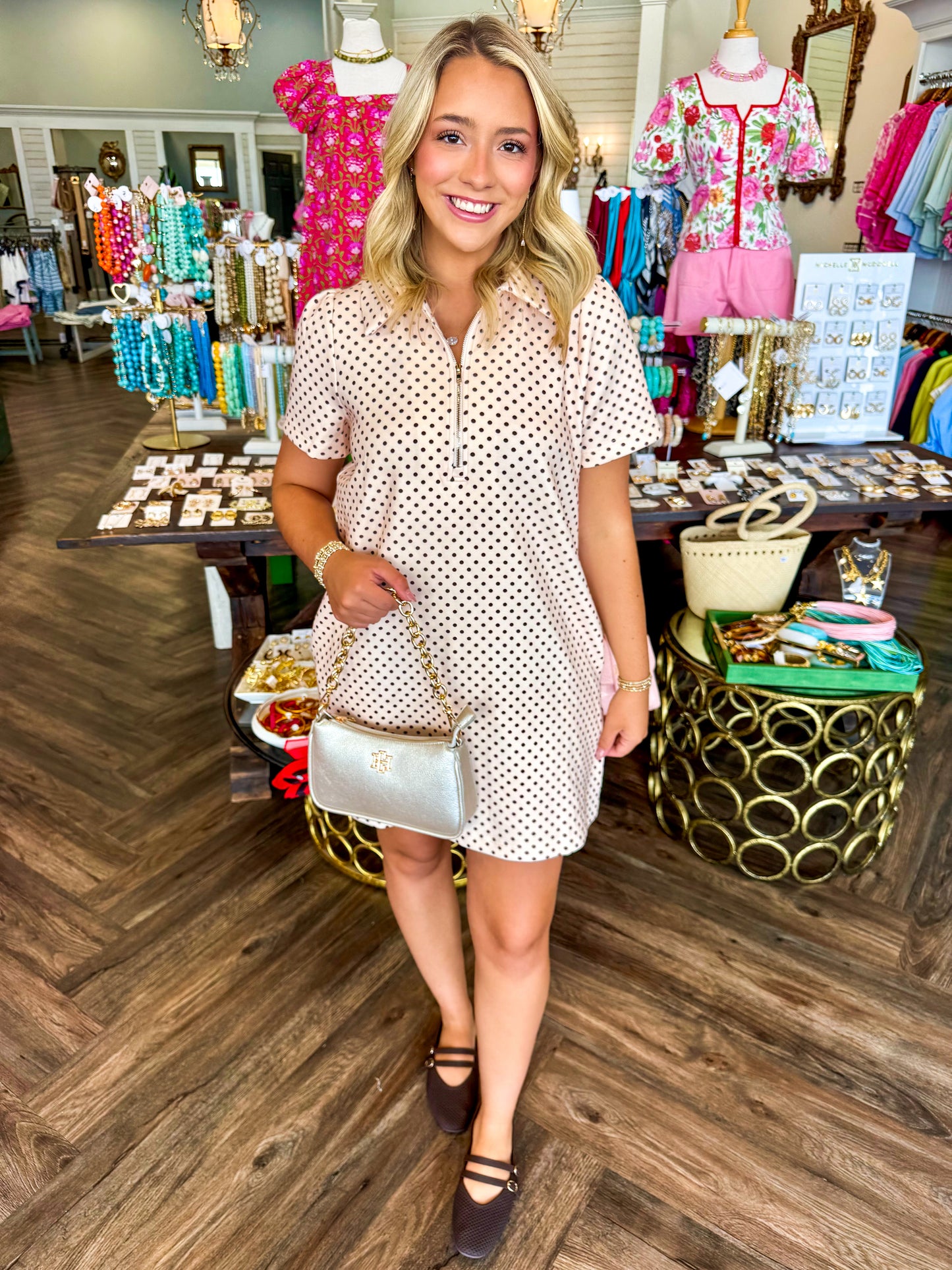 Scuba Dot to Dot Dress: Ecru