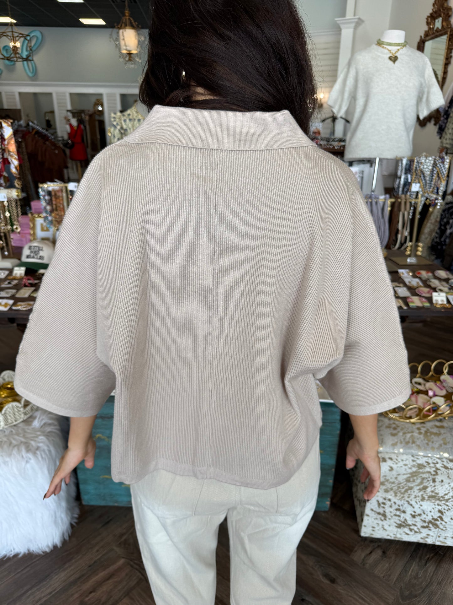 Collared Textured Sweater Top: Stone