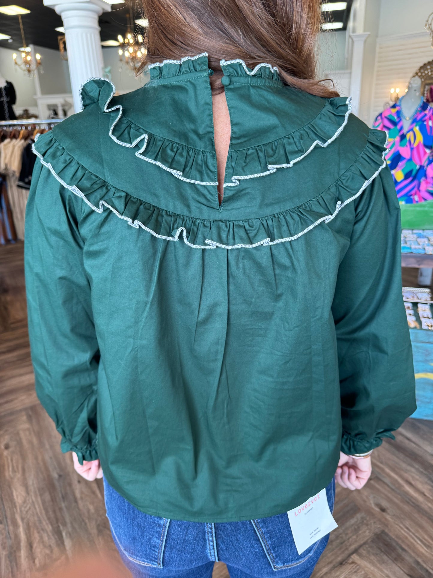 Ruffle Trim Long Sleeve Blouse: Emerald