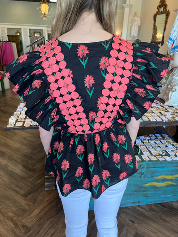 Black and Coral Flower Top