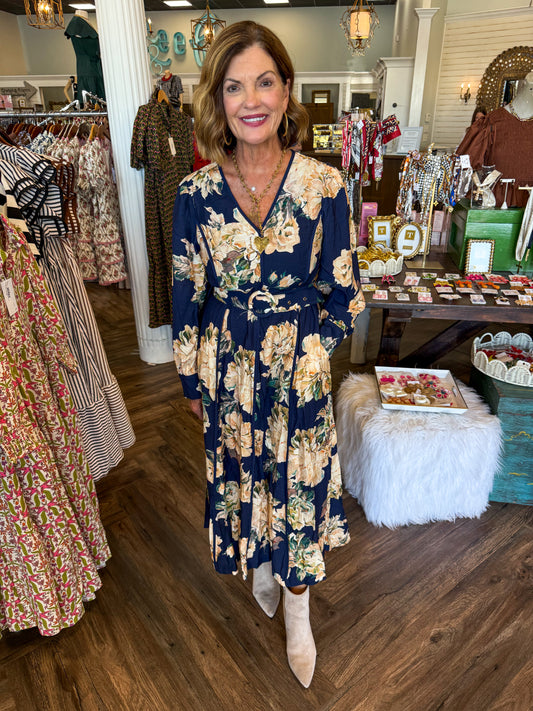 Navy and Floral Midi Dress