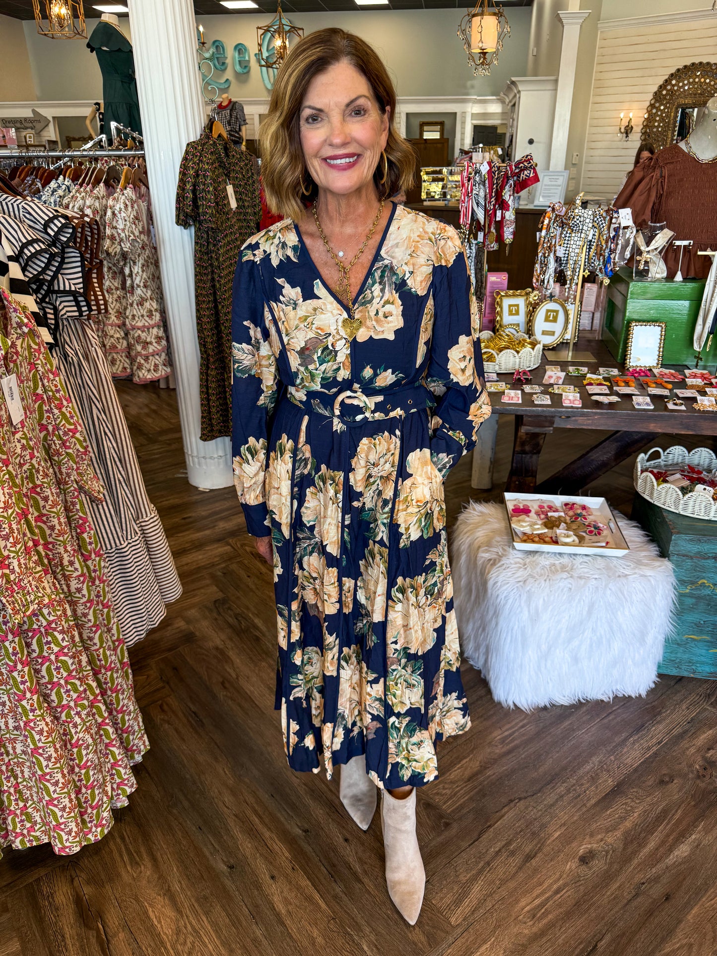 Navy and Floral Midi Dress