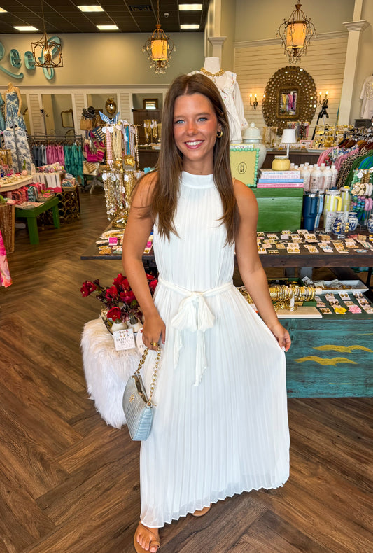 Pleated Halter Midi Dress: White