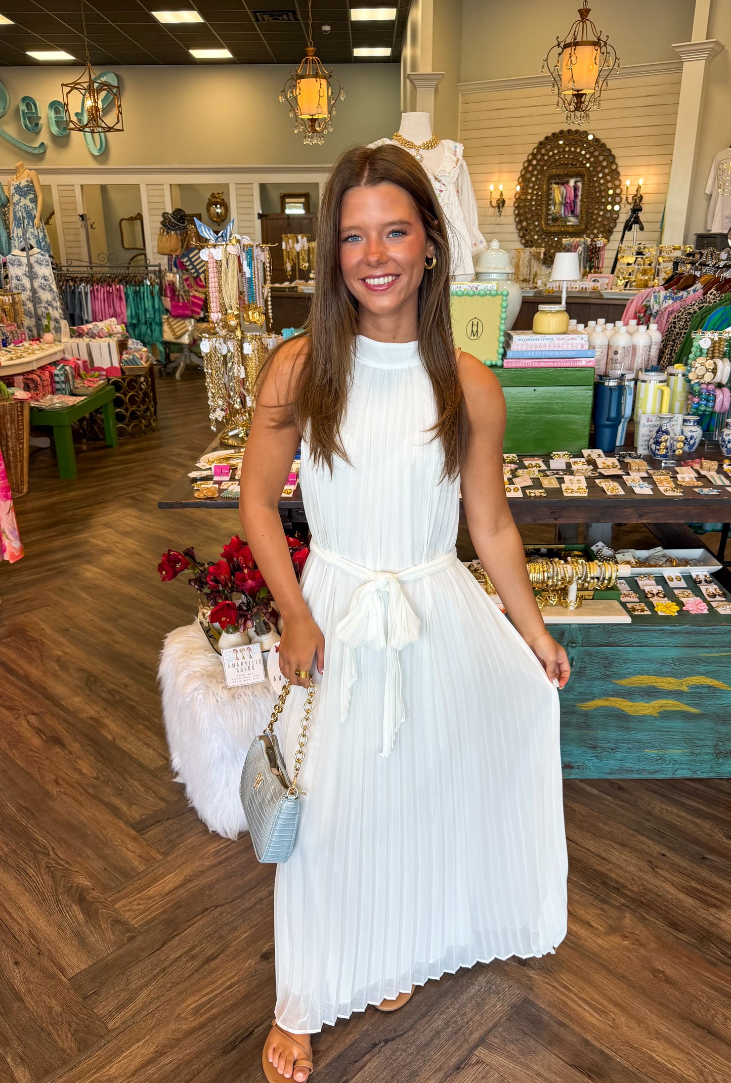 Pleated Halter Midi Dress: White