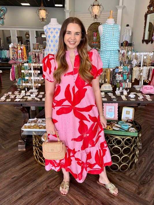Pink Red Eyelet Midi Dress
