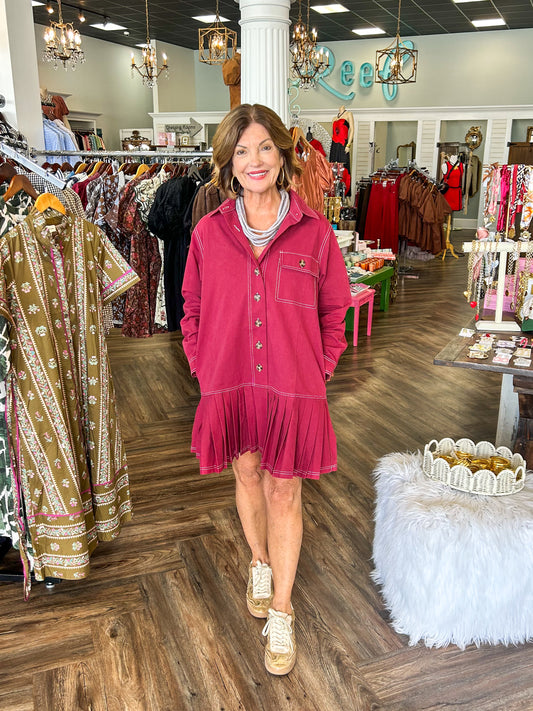 Burgandy Ruffle Denim Dress
