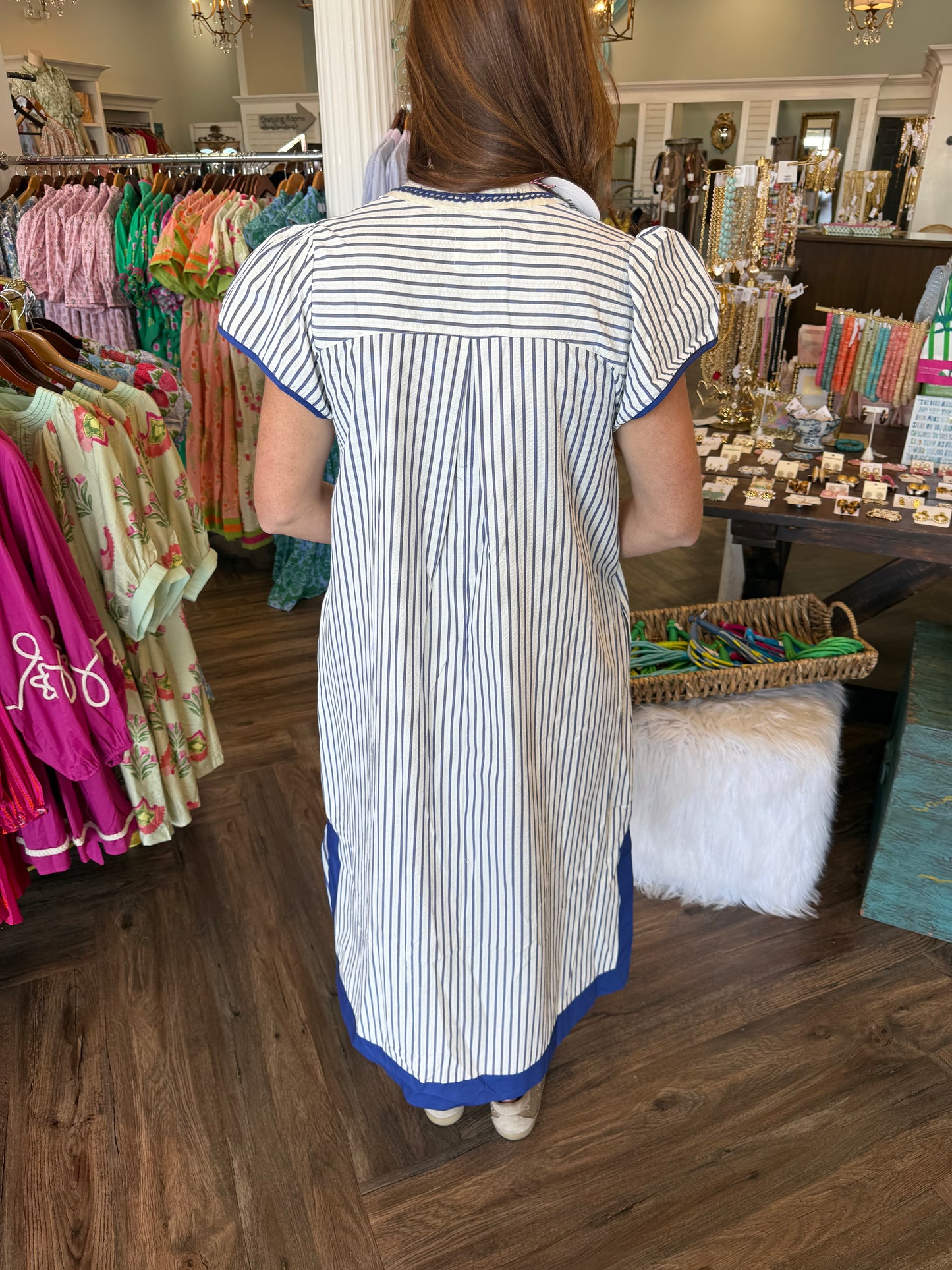 Sally Striped Embroidered Midi: Blue