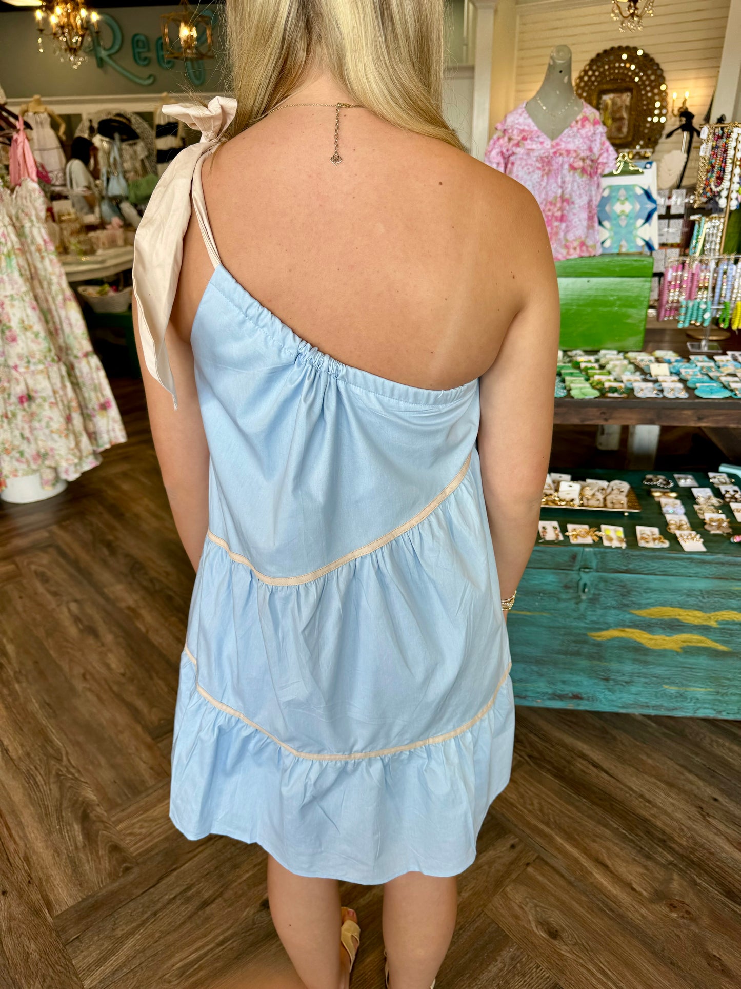 One Shoulder Bow Tie Dress: Blue