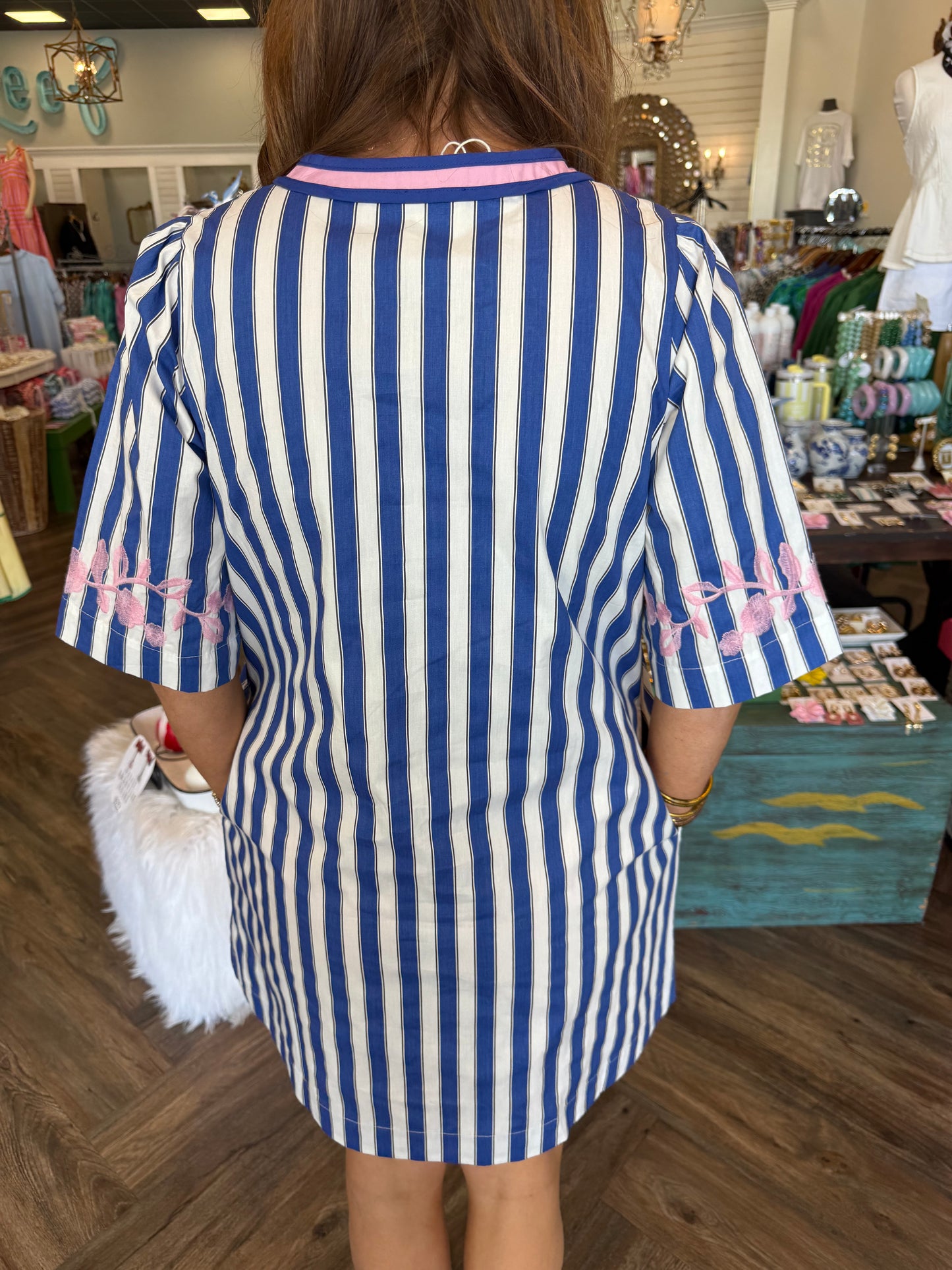 Pink Embroidered Blue Stripe Dress