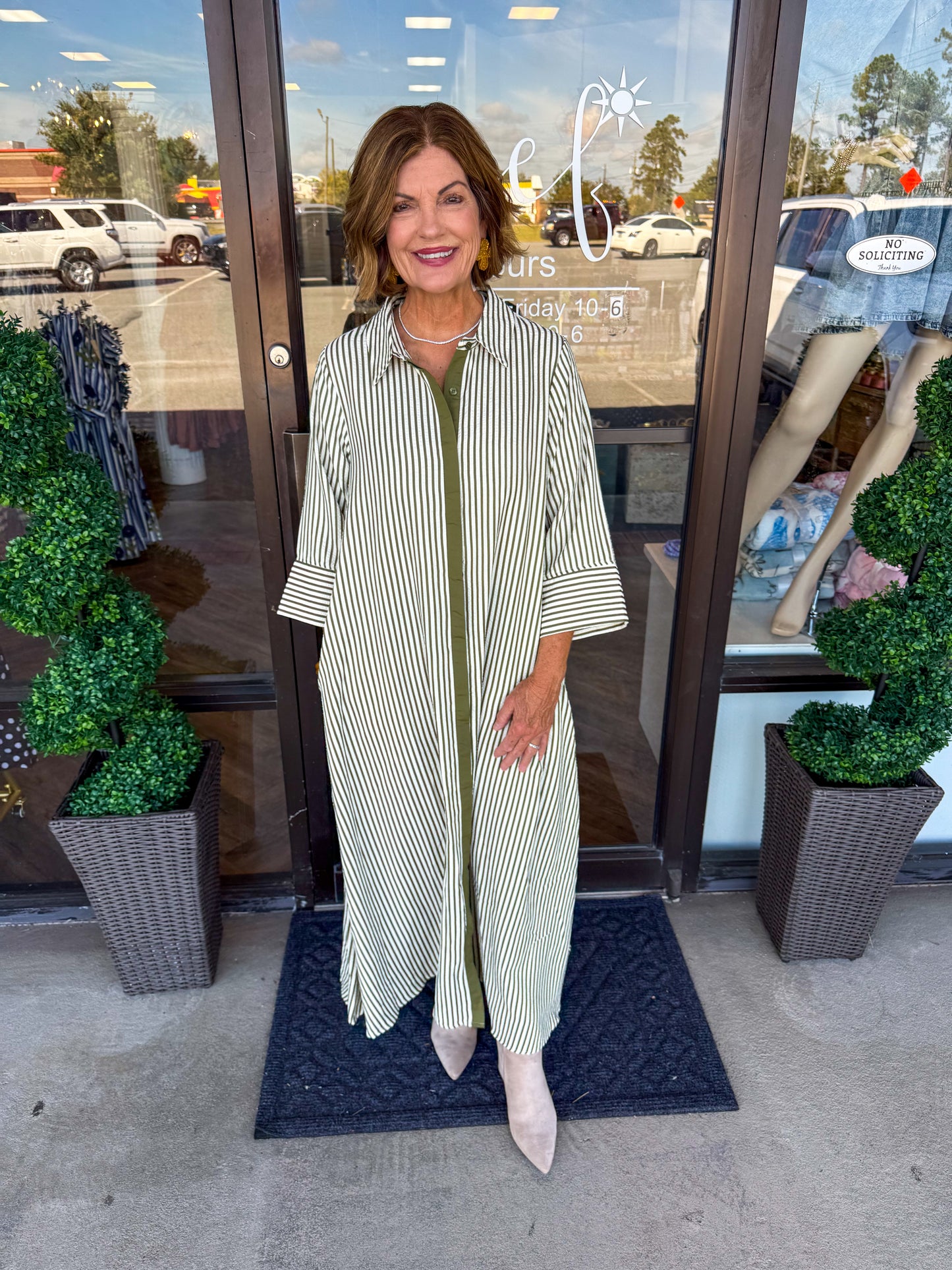 Flowy Striped Midi Dress: Olive