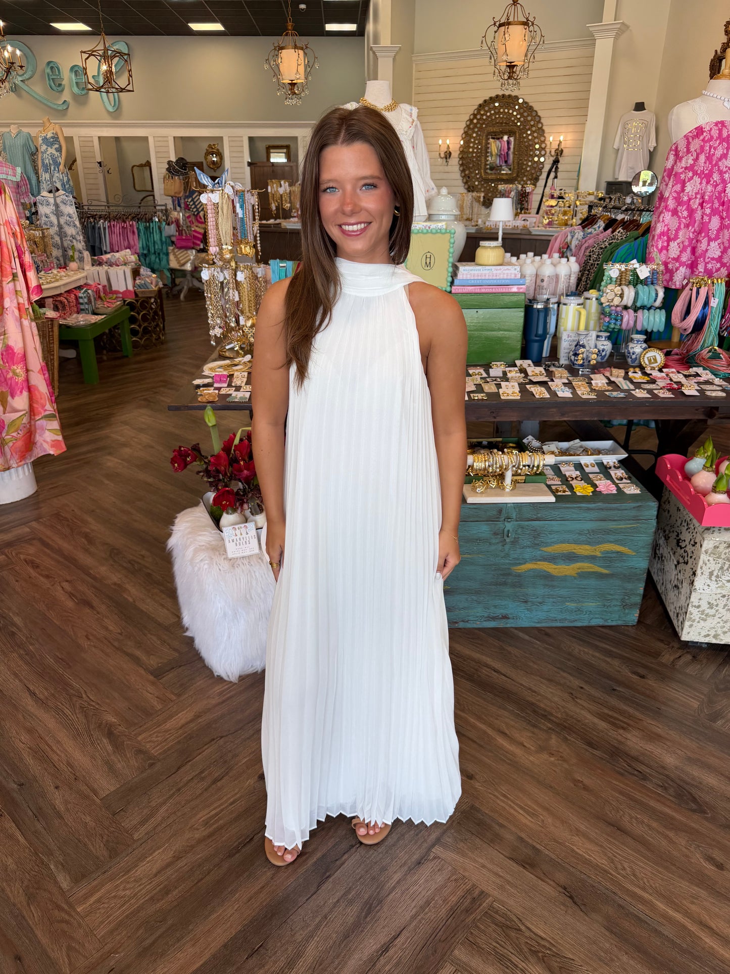 Pleated Halter Midi Dress: White