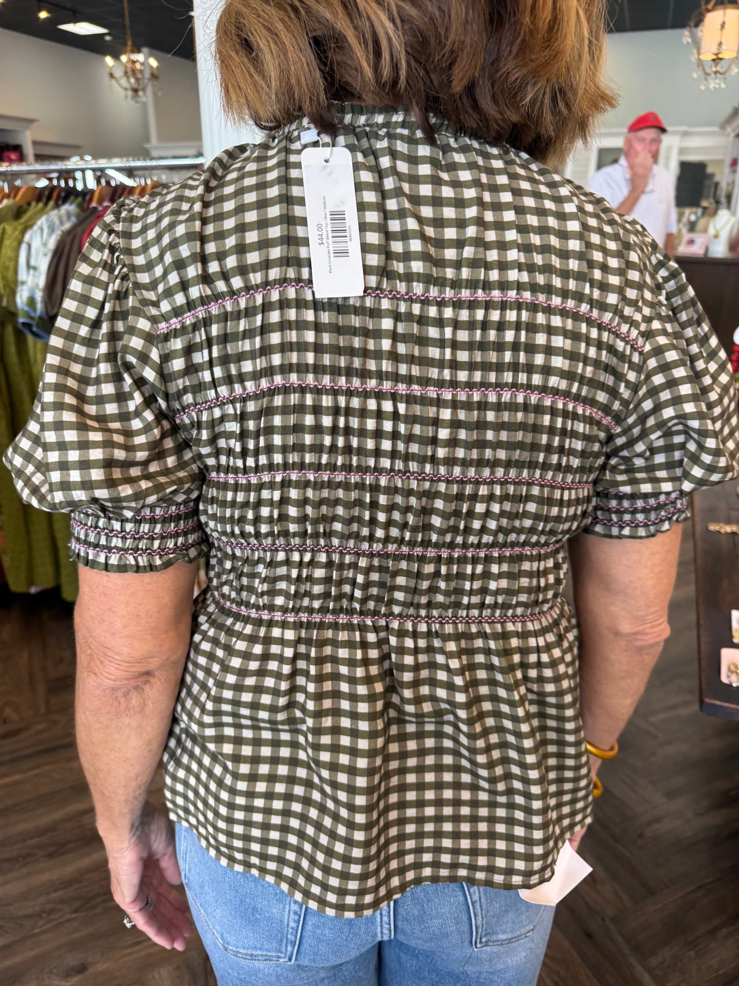 Plaid Smocked Puff Sleeve Top: Olive