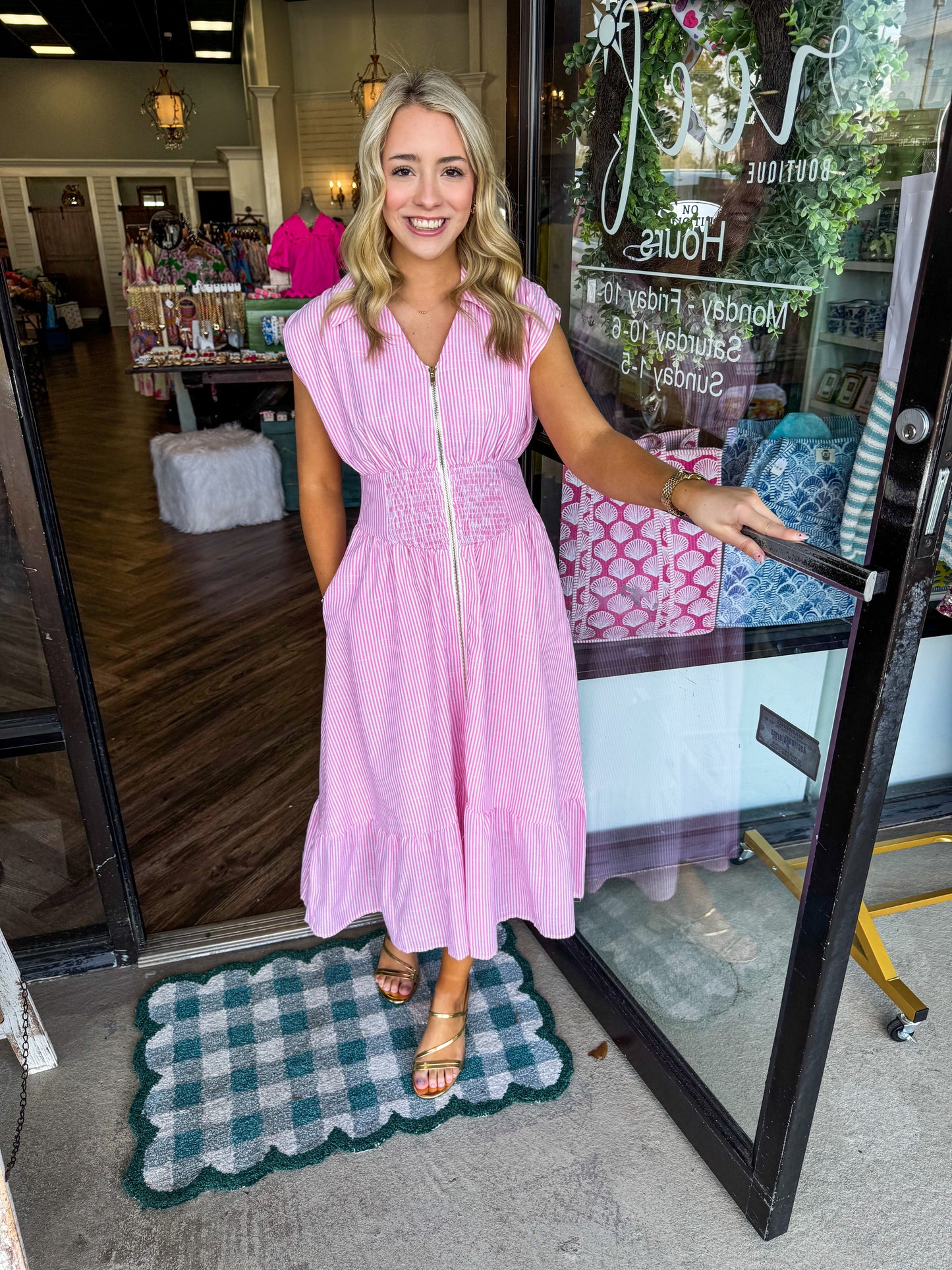 Striped Pink Zipper Midi Dress