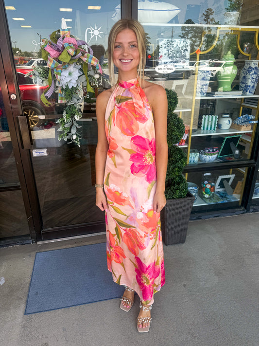 Halter Floral Satin Maxi Dress