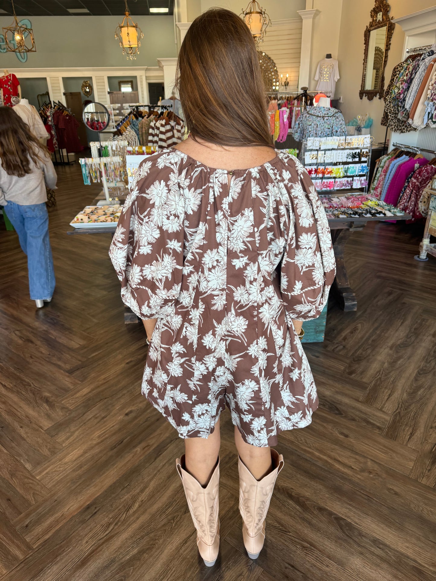 Flower Tie Romper: Brown