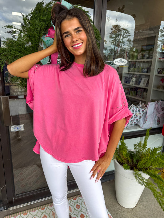 Washed Roll Up Sleeve Tee: Hot Pink