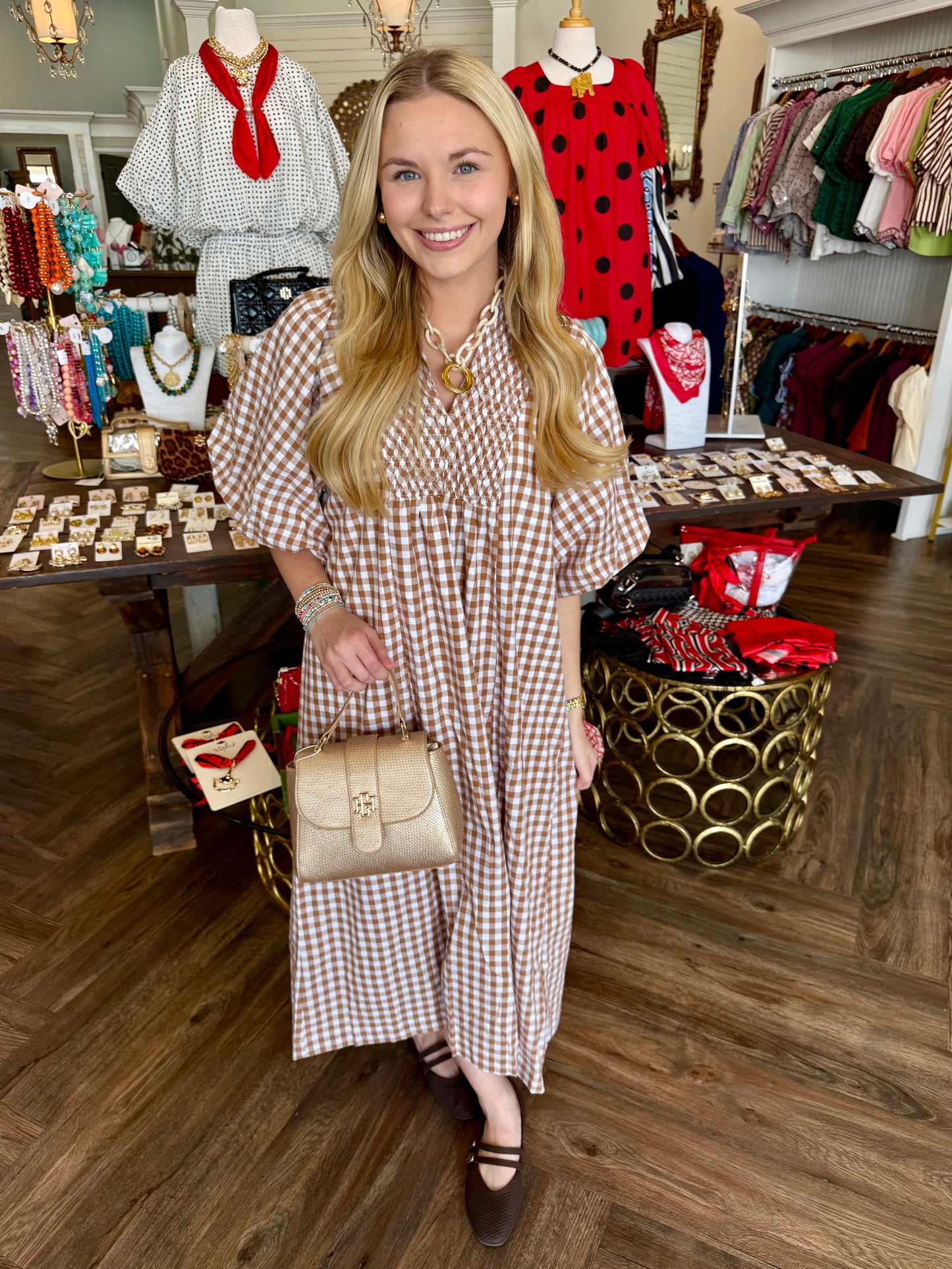 Harvest Collar Plaid Midi Dress: Brown