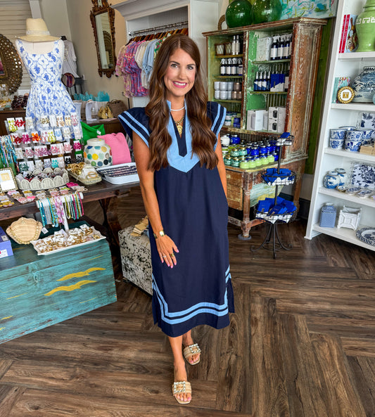Caftan Border Dress: Navy