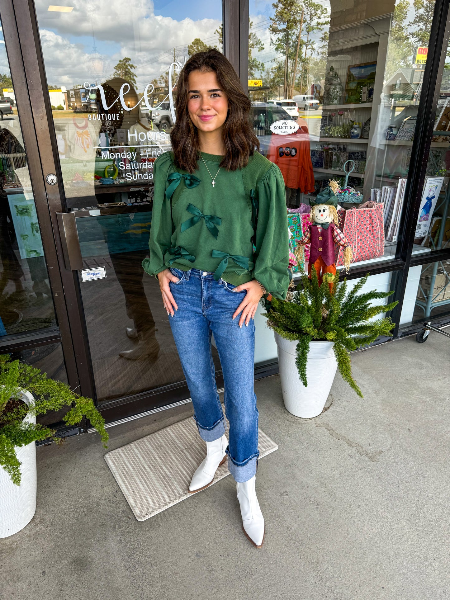 Satin Bow Detail Top: Hunter Green