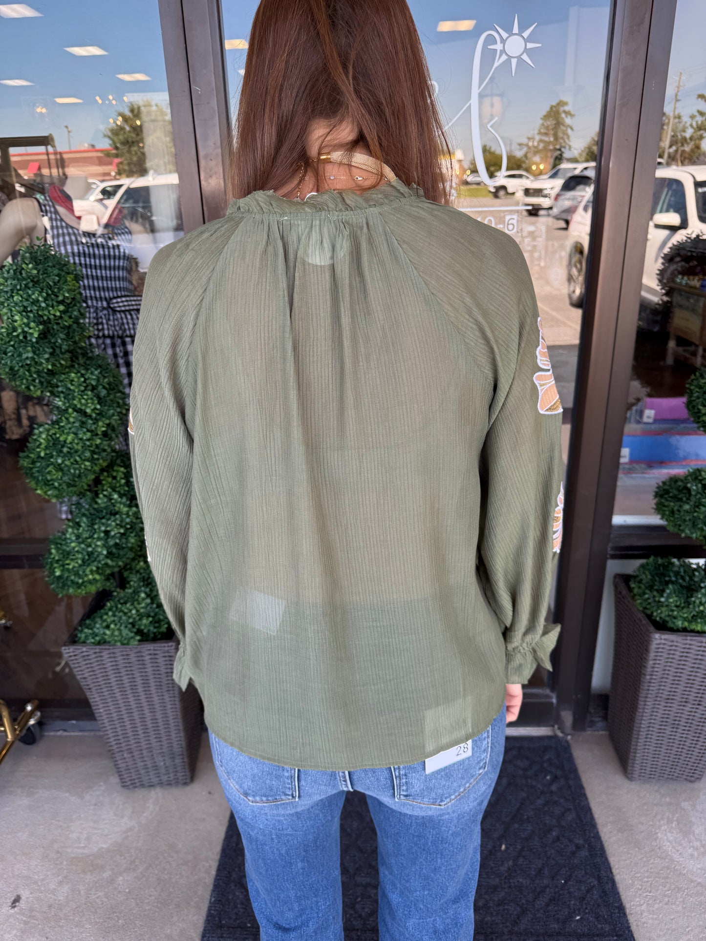 Flower Embroidered Top: Dk Olive