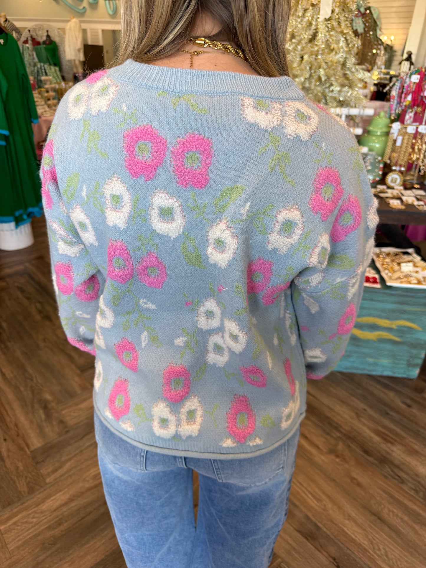 Floral Frolic Sweater: Sky