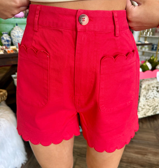 Scalloped Pocket Shorts: Red