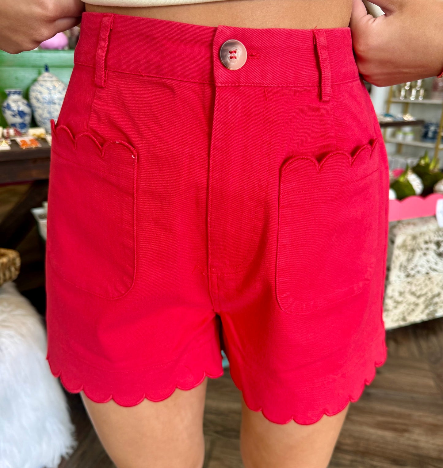 Scalloped Pocket Shorts: Red