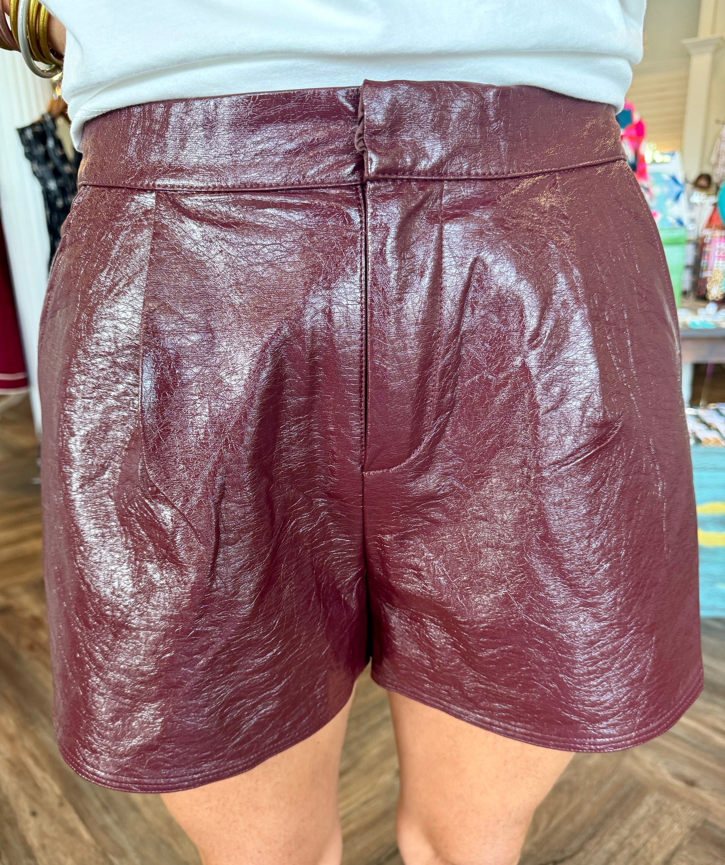 Shiny Leather Shorts: Maroon