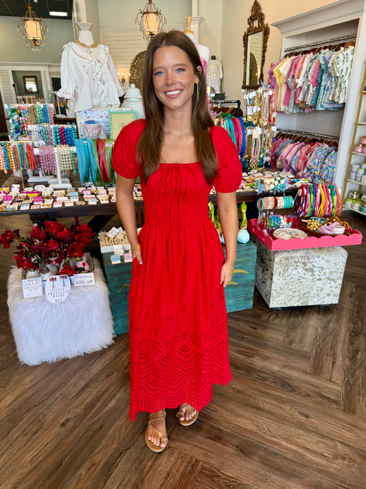 Flirty Eyelet Maxi Dress: Red