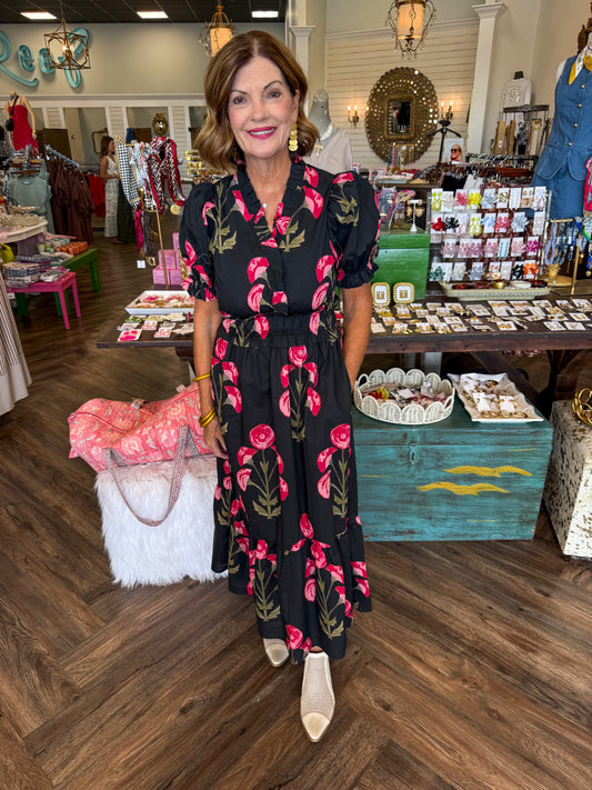 Floral Black Midi Dress