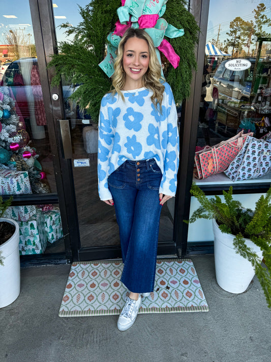 Flower Print Knit Sweater Top: Blue