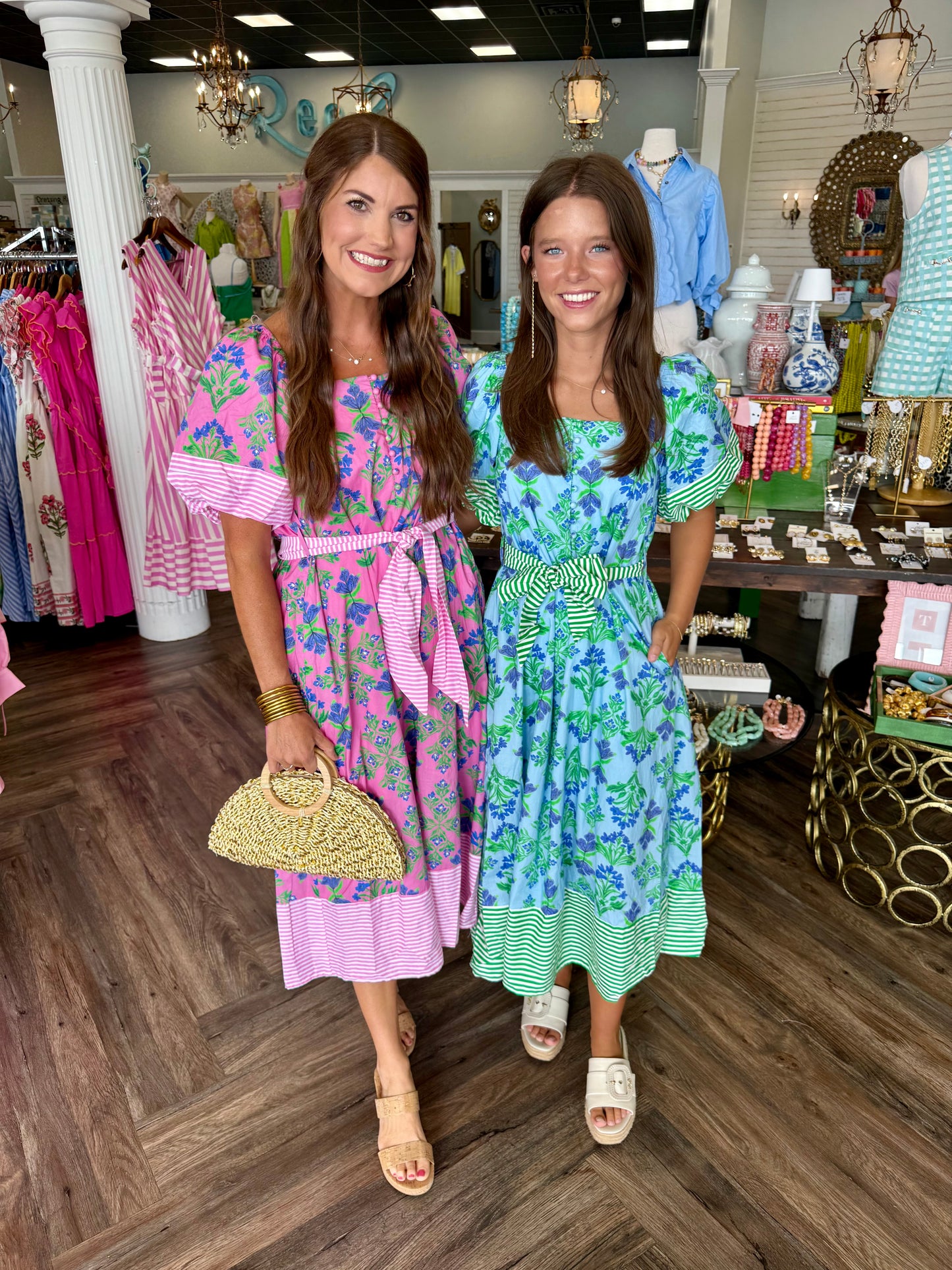 Floral Striped Belted Midi Dress: Blue