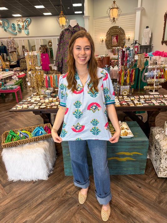 Contrast Trim Flower Top: Blue