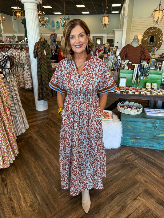 Blue and Brown Midi Dress