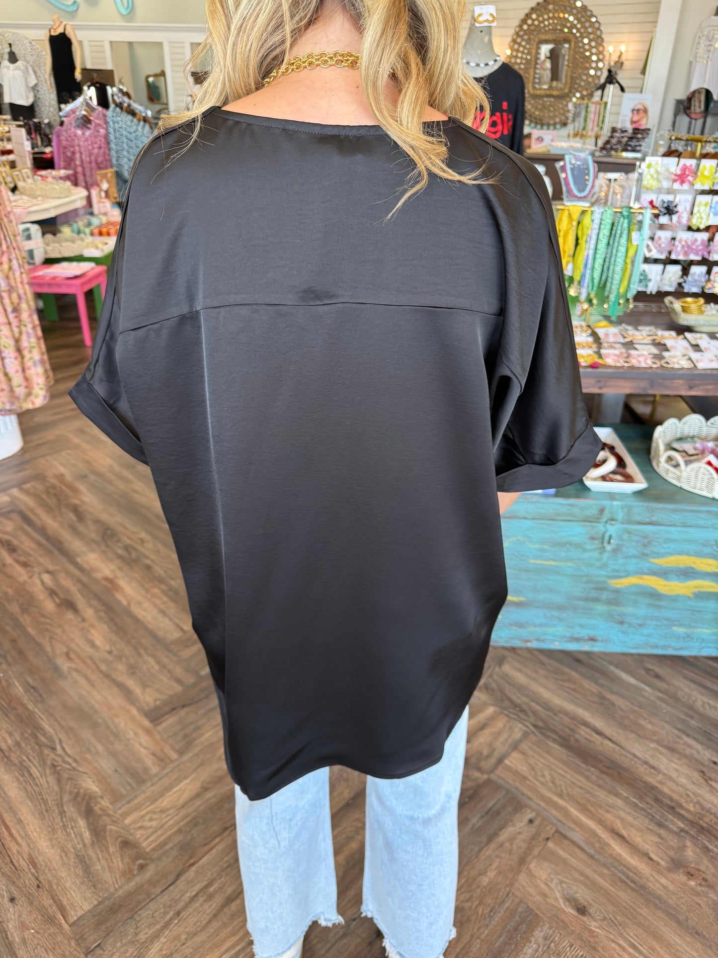 V-Neck High Low Blouse: Black