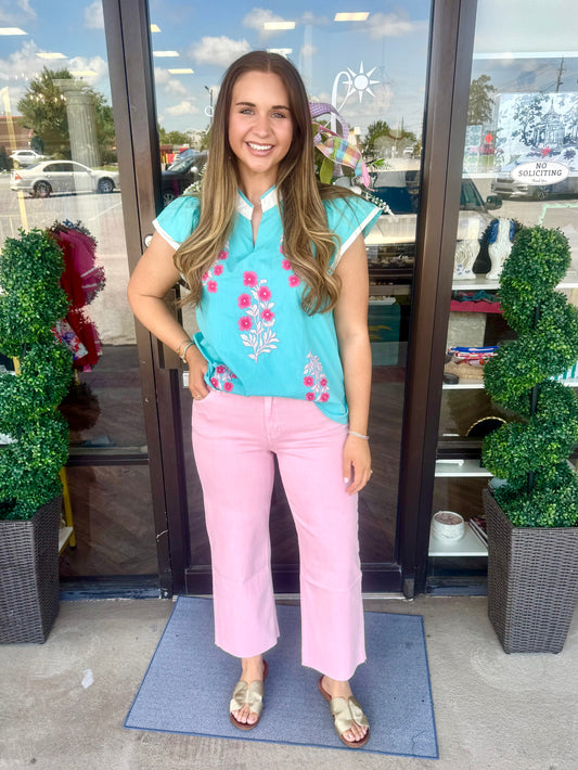Front Porch Florals Top: Aqua