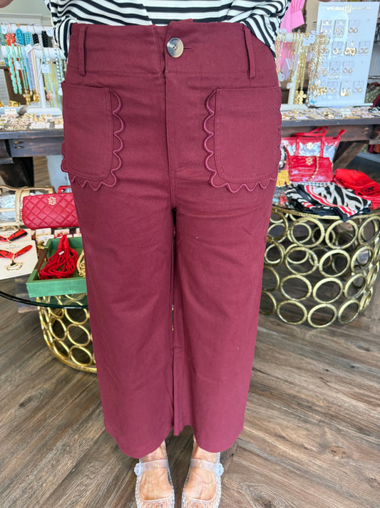 Maroon Scalloped Pocket Pants