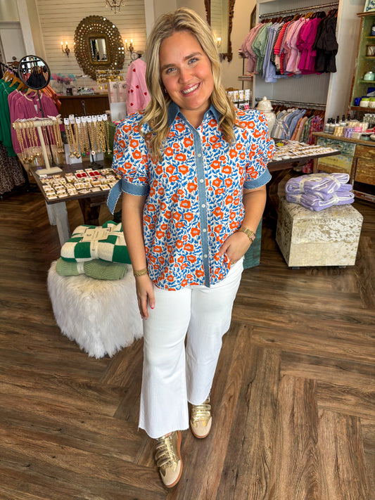 Orange Blue Floral Top