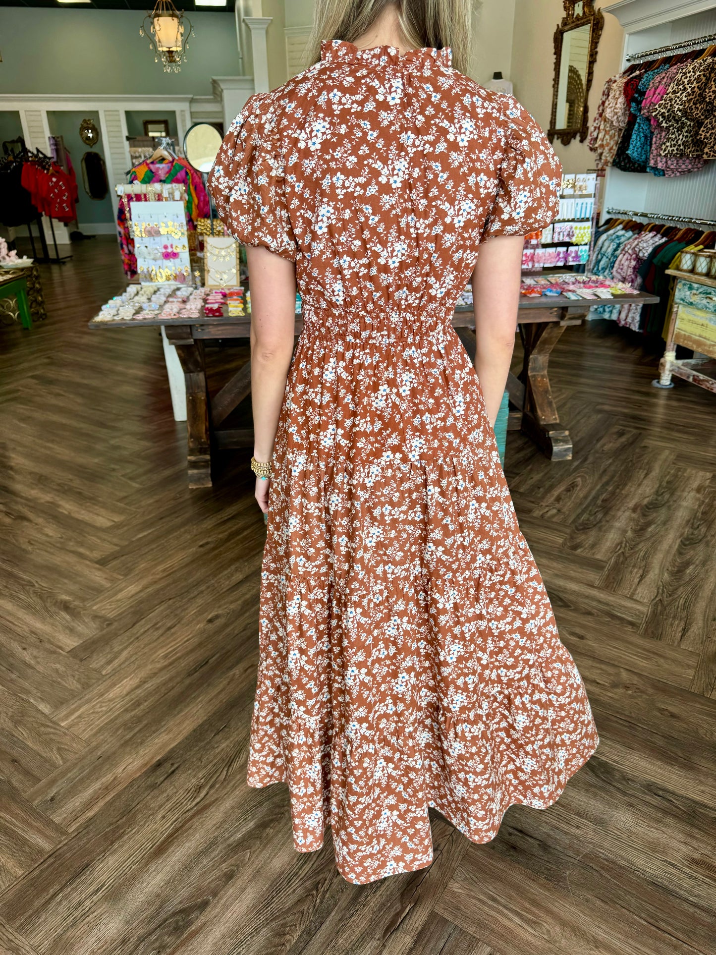 Camel Floral Midi Dress