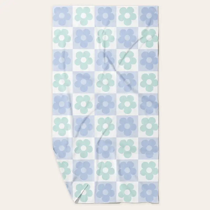 Xl Quick-Dry Beach Towel-Flower Check Blue