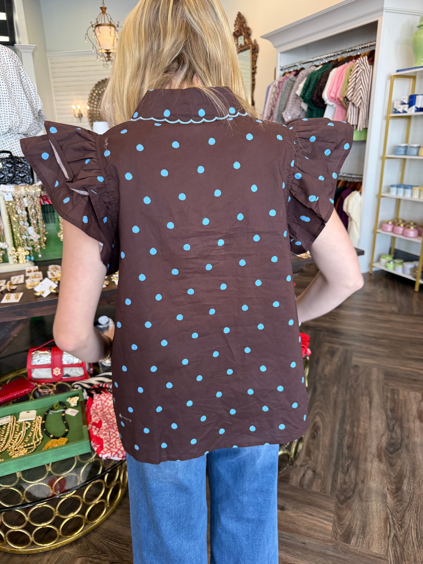 Polka Dot Scalloped Top: Brown