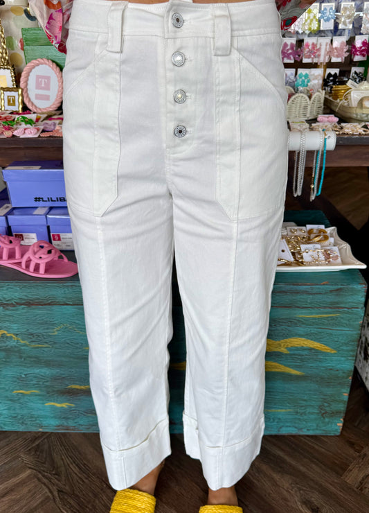 Button Down Cargo White Pants