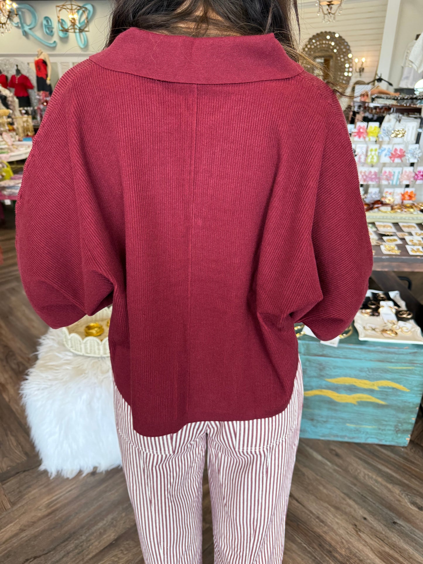 Collared Textured Sweater Top: Burgandy