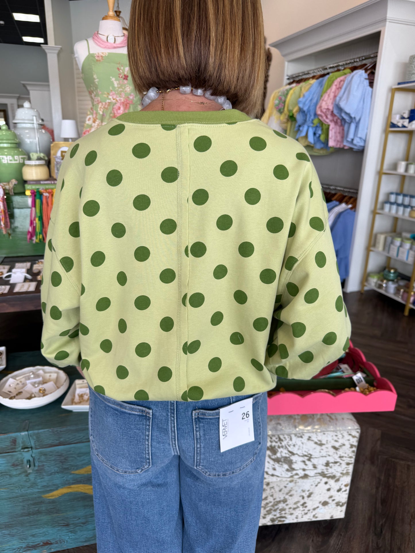 Bubble Sleeve Polka Dot Top: Sage
