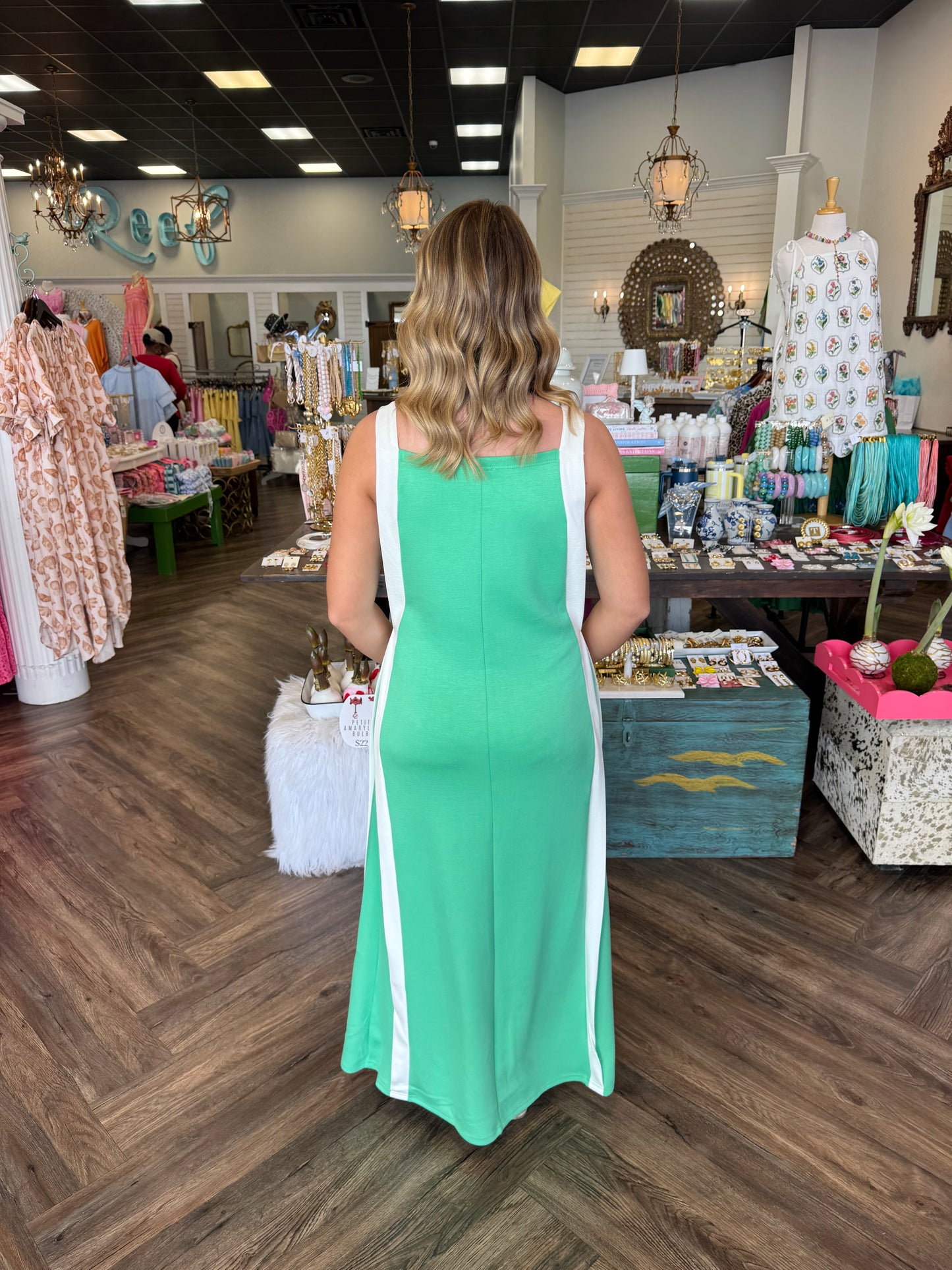 White Trim Cotton Midi Dress: Green