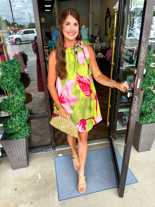 Lime Garden Neck Tie Mini Dress