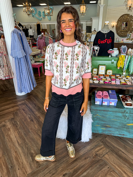 Scalloped Floral Sweater Top: Cream