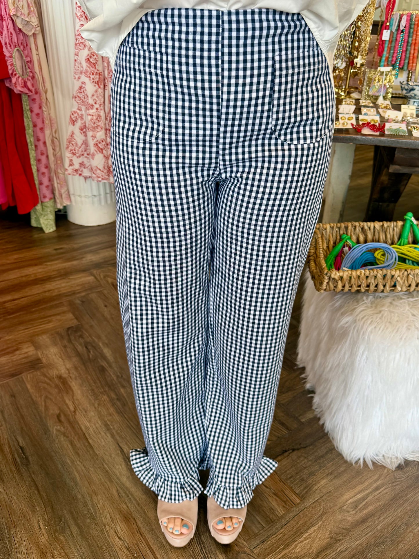 Dark Navy Gingham Ruffle Pants